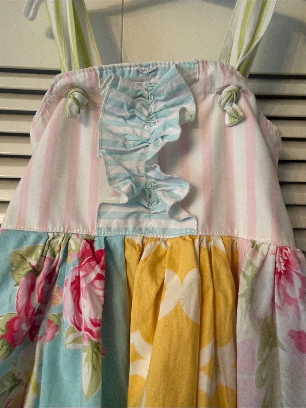Girls Floral Patchwork Sundress with Ruffle Bodice in Pink, Blue & Yellow